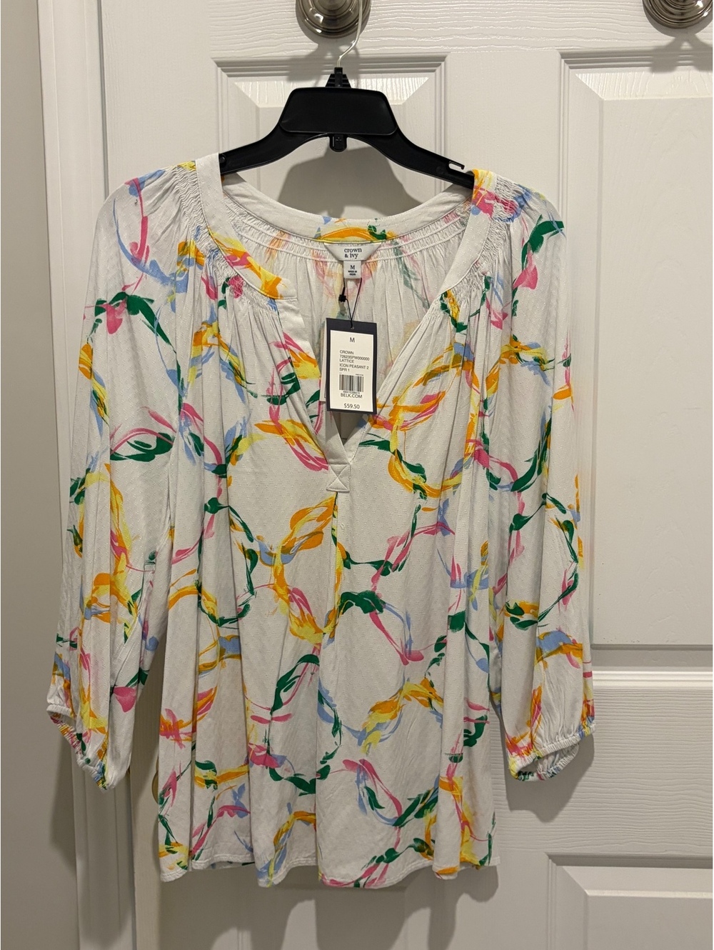 Crown & Ivy NWT White multi color print long sleeve blouse - M